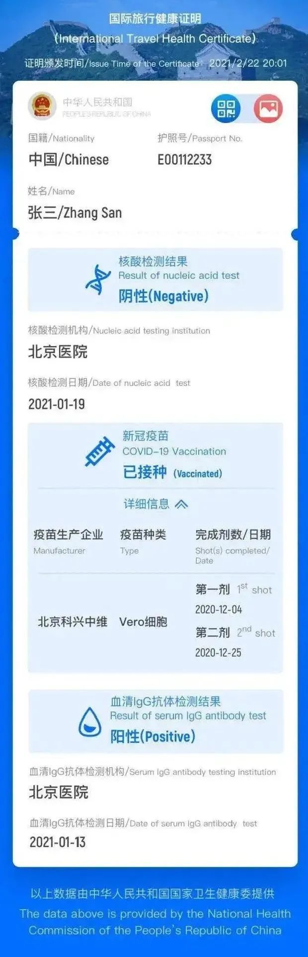 中国版“国际旅行健康证明”电子版样例